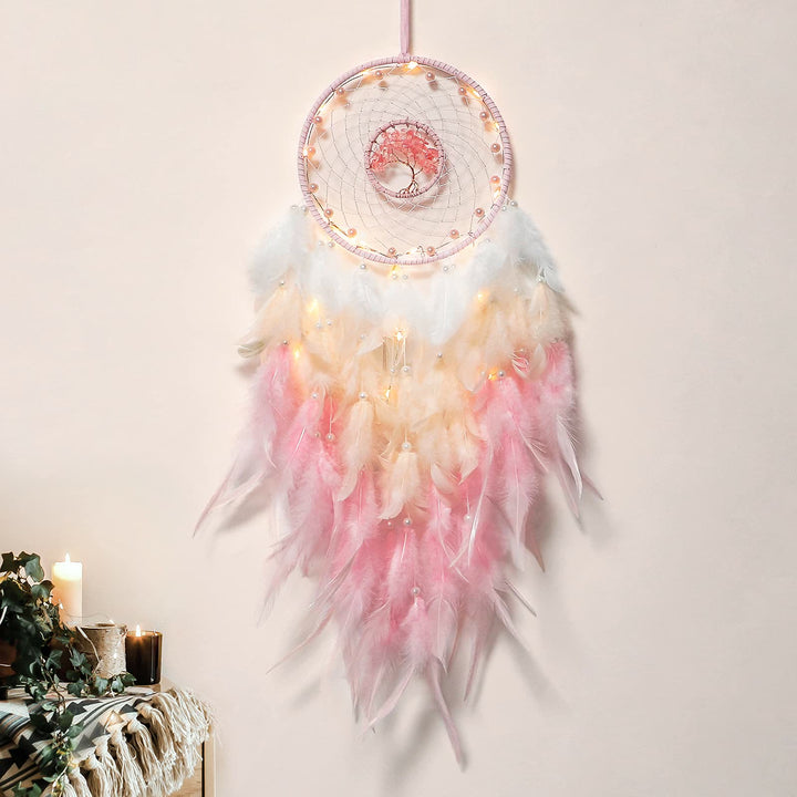 Olivenorma Crystal Tree Of Life Feather Glow Dream Catcher - Freshwater Pearl&Rose Quartz - With Lights - image 10
