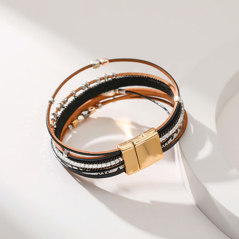 Olivenorma Hematite White Zircon Leaf Tiered Leather Bracelet - image 14