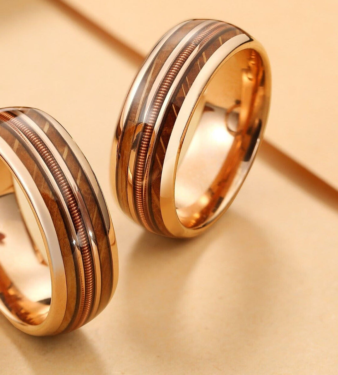 Olivenorma Gold Tungsten Carbide Guitar String Whiskey Barrel Wood Ring - image 1
