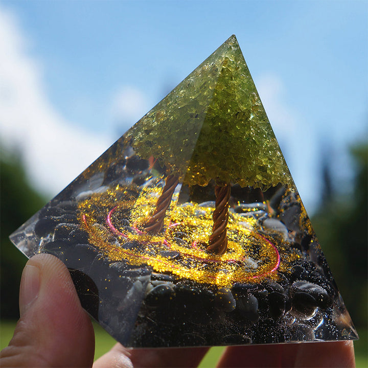 Olivenorma Peridot With Obsidian Tree Of Life Orgone Pyramid - image 4