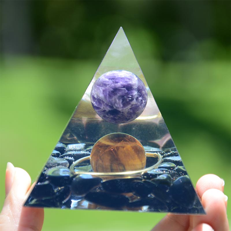 Amethyst Sphere With Obsidian Tiger Eye Orgone Pyramid - image 2