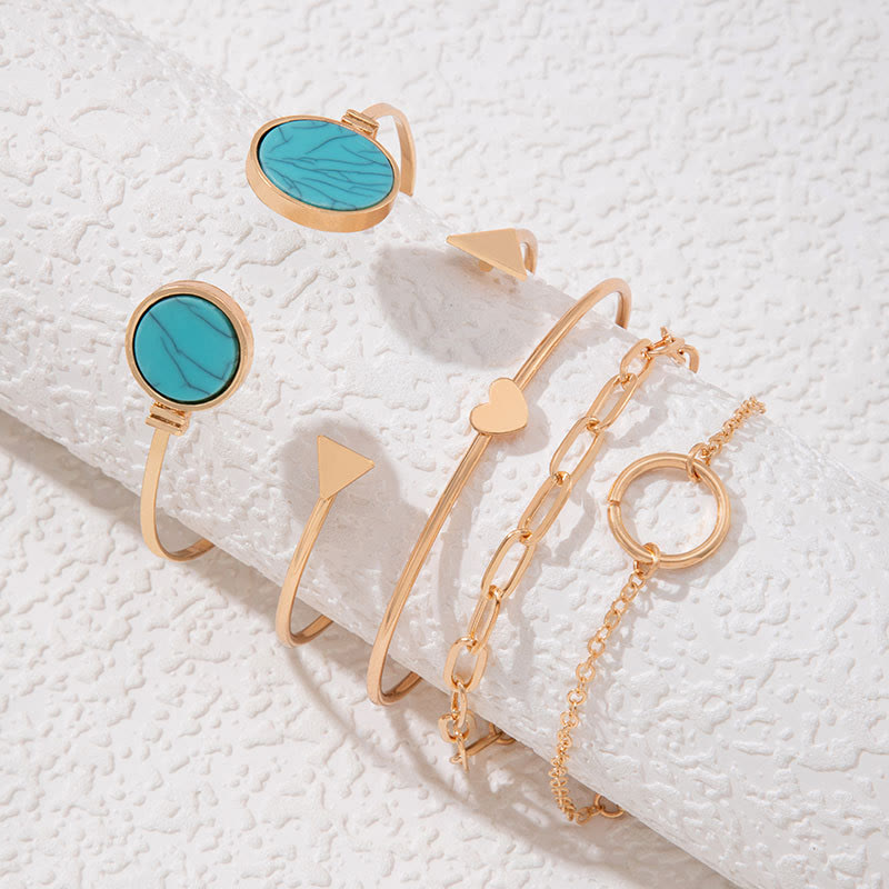 Olivenorma Natural Stone Alloy Five Piece Open Bracelet Set - Turquoise Five Piece Set - image 7