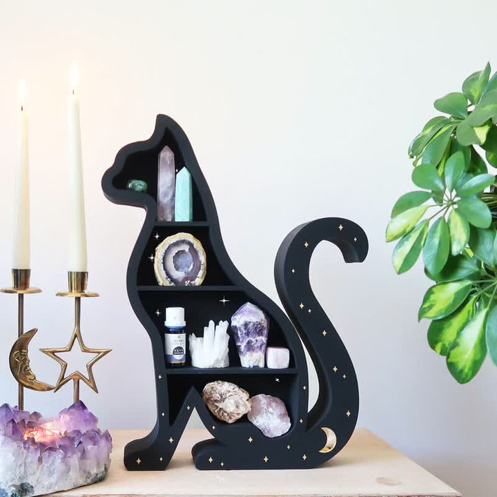 Cute Cat Moon Star Crystal Shelf - Right Cat - Wood - image 1