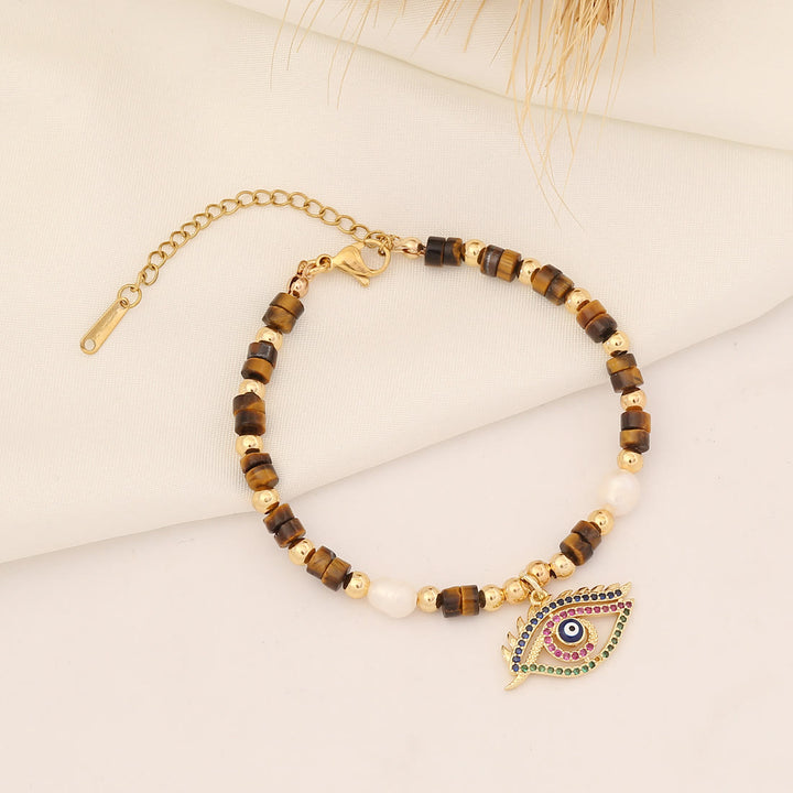 Olivenorma Natural Crystal Pearl Evil Eye Pendant Bracelet - Pearl&Tiger Eye - image 4