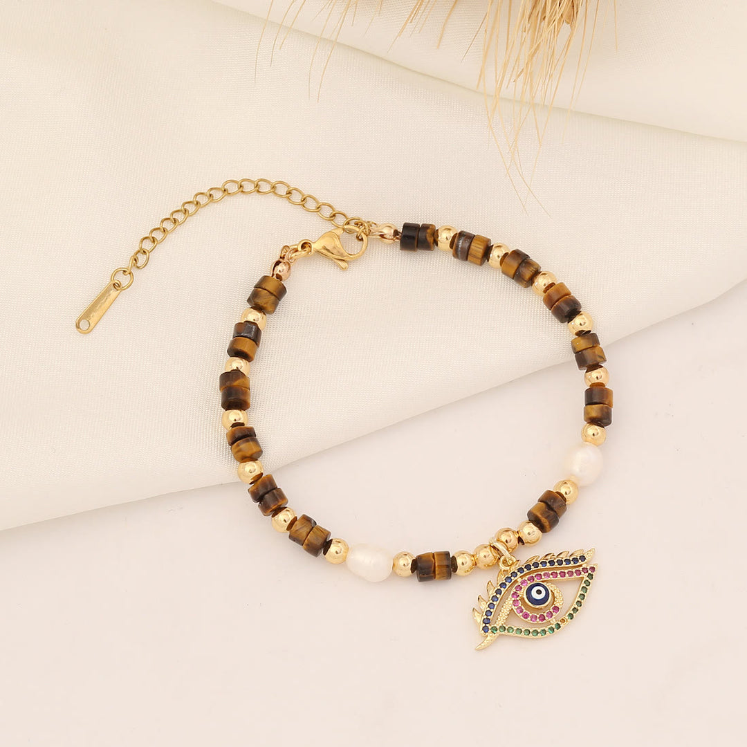 Olivenorma Natural Stone Freshwater Pearl Beads Copper Bracelet - Tiger Eye - image 4