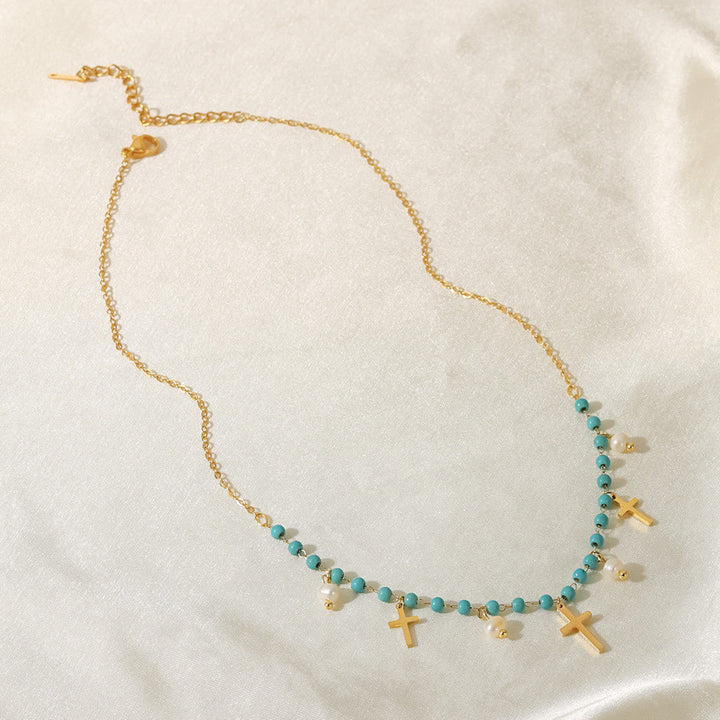 Olivenorma Turquoise Pearl Cross Pendant Tassel Necklace - image 2