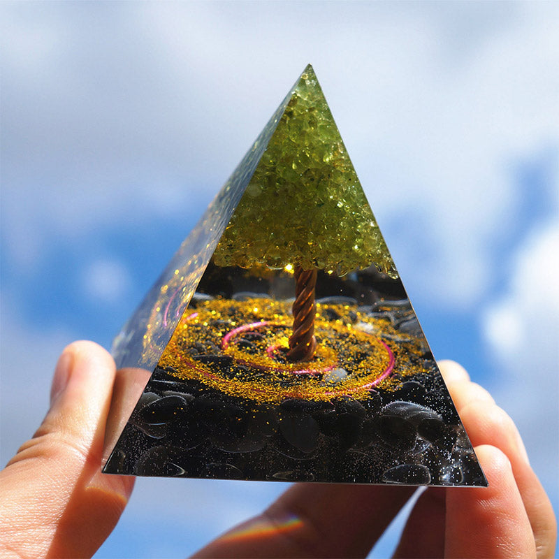 Olivenorma Peridot With Obsidian Tree Of Life Orgone Pyramid - image 2