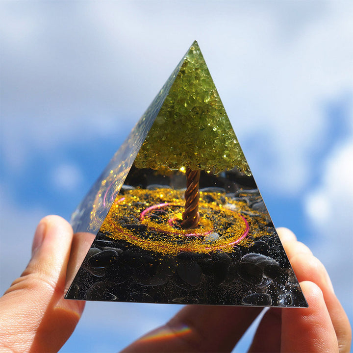 Olivenorma Peridot With Obsidian Tree Of Life Orgone Pyramid - image 2