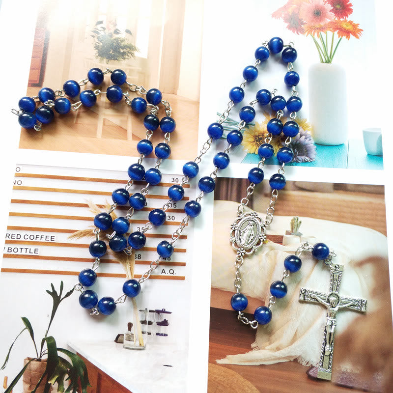 Olivenorma Blue Cat's Eye 8mm Stone Cross Rosary Necklace - image 4