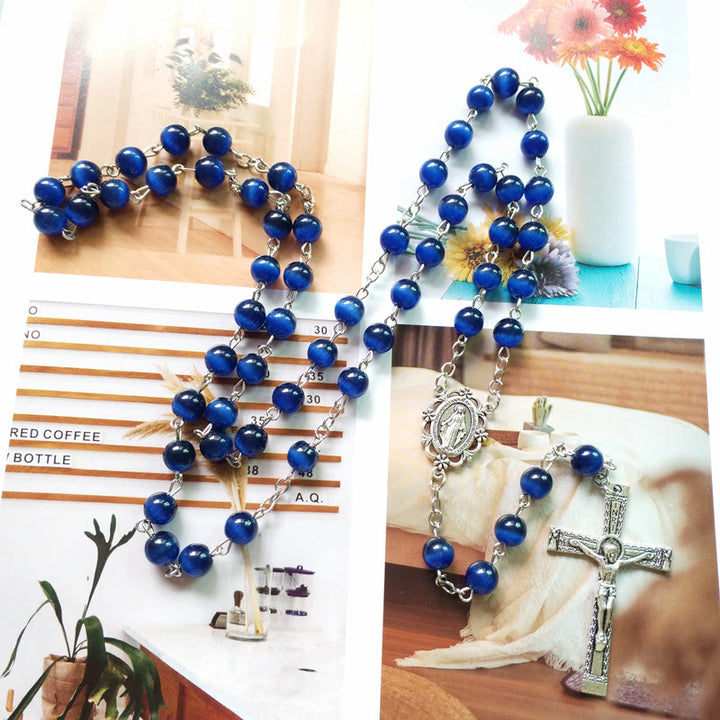 Olivenorma Blue Cat's Eye 8mm Stone Cross Rosary Necklace - image 4