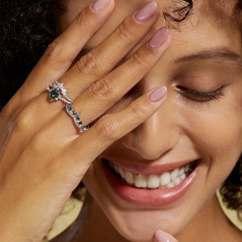 Olivenorma Moss Agate White Zircon Crown 925 Sterling Silver Ring - image 1