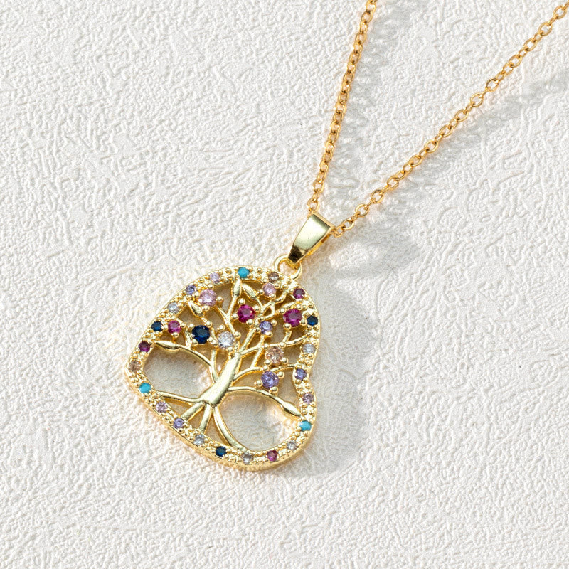 Olivenorma Zircon Round Hollow Tree of Life Pendant Clavicle Necklace - Heart Shaped Colorful Zircon & Tree of life - image 3