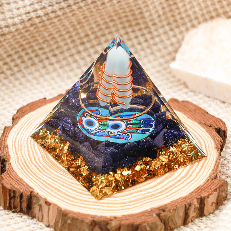 Olivenorma Aquamarine Pillar Hamsa & Evil Eye Orgone Pyramid - image 1