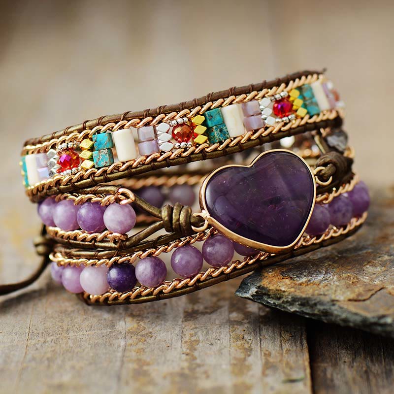 Olivenorma Amethyst Heart Charm Beads Wrap Bracelet - image 2