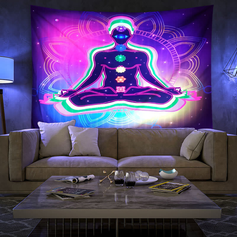 Olivenorma Blacklight UV Reactive Wall Tapestry - Meditation & Chakra Lotus #2 - Flannel - 180*230cm - image 4
