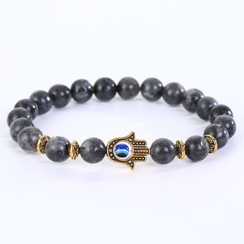 Olivenorma Natural Crystal Stone Beaded Evil Eye Hamsa Bracelet - Black Labradorite - image 1