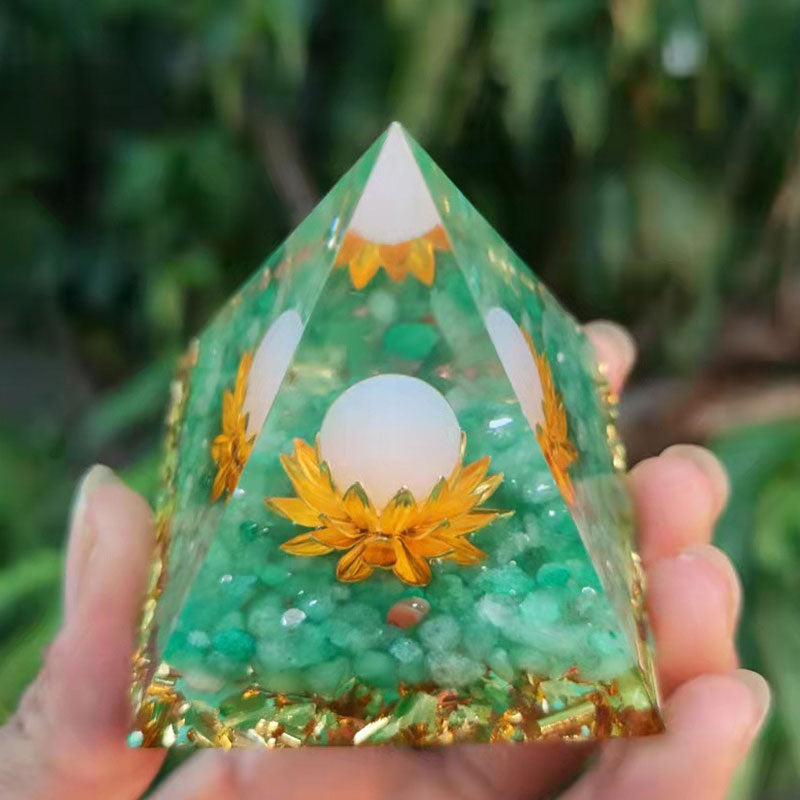 Olivenorma Green Aventurine Clear Quartz Lotus Symbol Orgone Pyramid - image 1