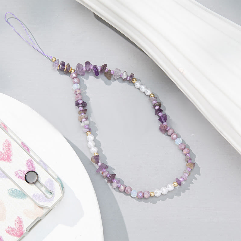 Olivenorma Colorful Gravel Pearl Color Matching Mobile Phone Strap - Amethyst&Pearl - image 1