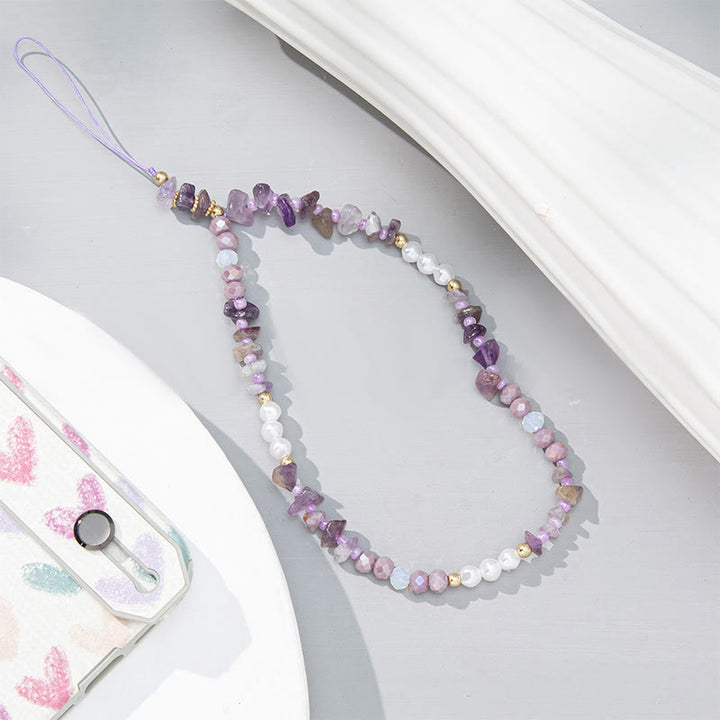 Olivenorma Colorful Gravel Pearl Color Matching Mobile Phone Strap - Amethyst&Pearl - image 1