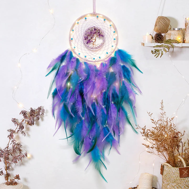 Olivenorma Crystal Tree Of Life Feather Glow Dream Catcher - Turquoise&Amethyst - With Lights - image 0