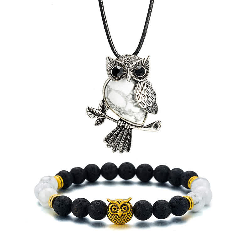 SPIRITUAL ENERGY - Owl Gemstone Necklace with Bracelet Gift Set - Howlite - Leather Chain - image 16