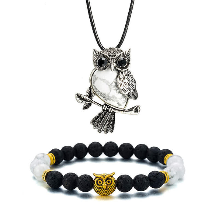 SPIRITUAL ENERGY - Owl Gemstone Necklace with Bracelet Gift Set - Howlite - Leather Chain - image 16