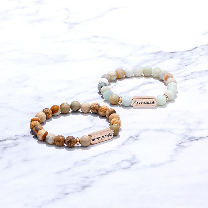 Olivenorma Natural Gemstone His Princess Her Prince 2 Piece Engraving Bracelet - image 8