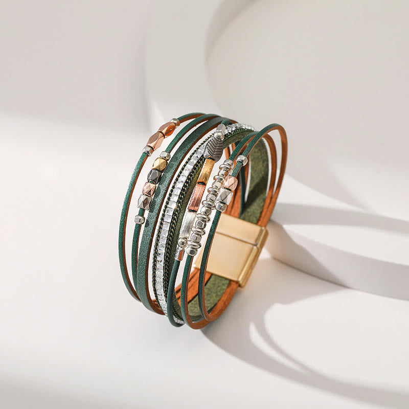 Olivenorma Hematite White Zircon Leaf Tiered Leather Bracelet - image 4