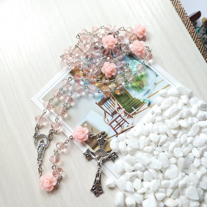 Olivenorma Rose Quartz Jesus Cross Pendant Rosary Necklace - image 3