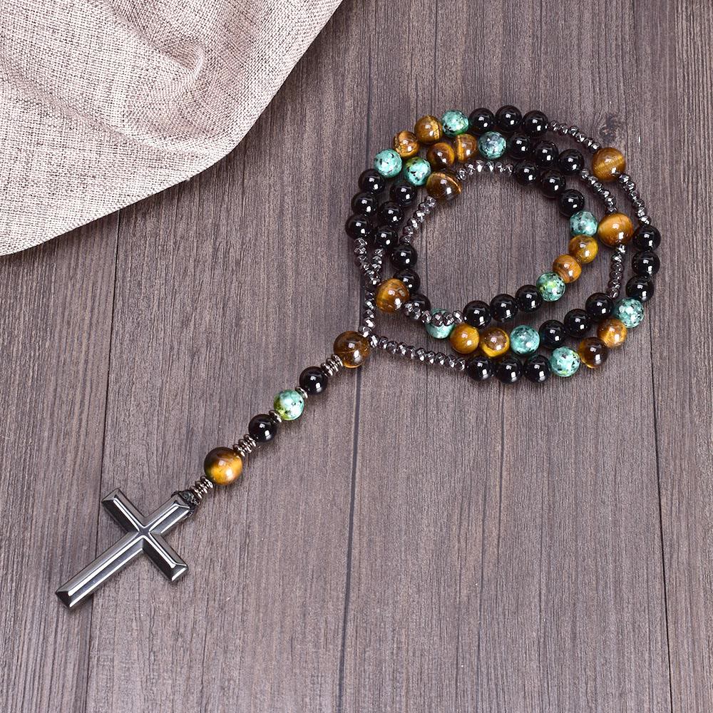 Olivenorma Cross Catholic Natural Stone Rosary Pendant Necklace - Tiger Eye&African Turquoise - image 0