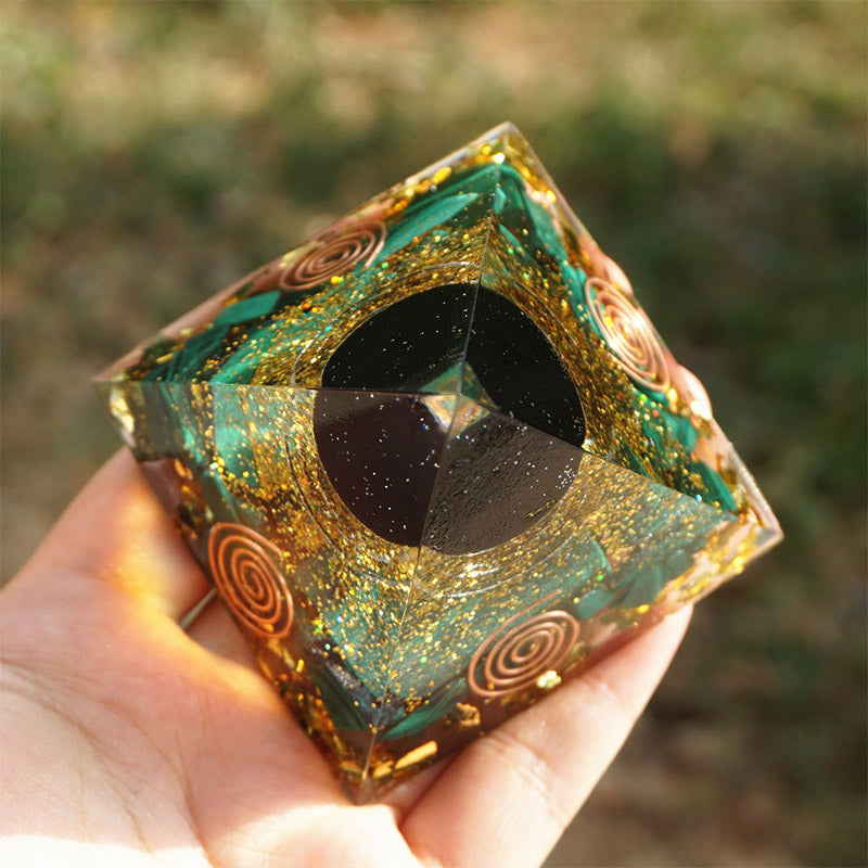 Olivenorma Malachite With Obsidian Sphere Orgone Pyrammid - image 3