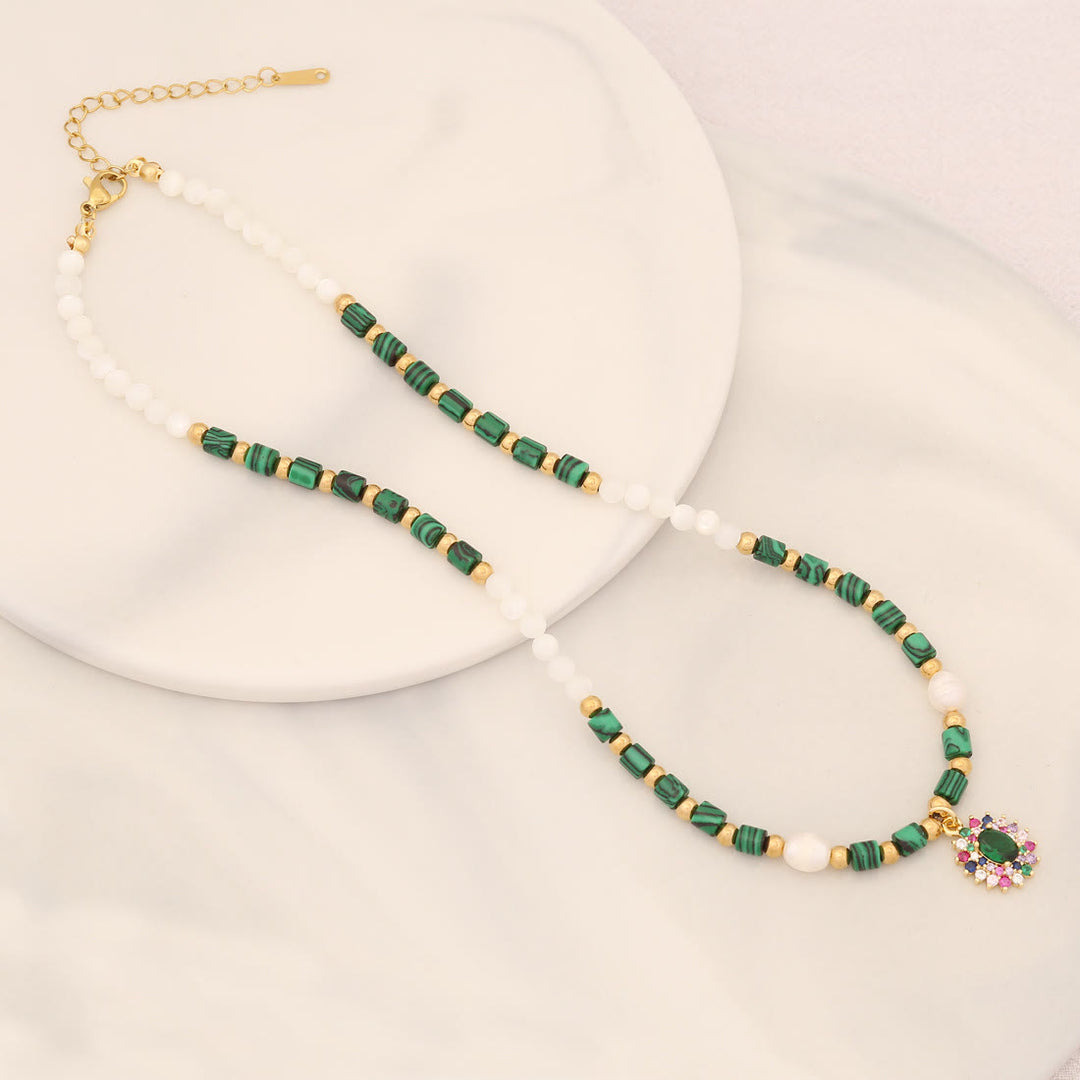Olivenorma Natural Pearl Crystal Stone Evil Eye Pendant Necklace - Pearl&Malachite - image 5
