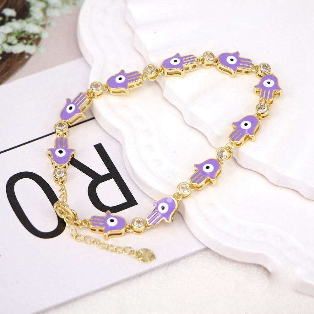 Olivenorma Colorful Enameled Zircon Evil Eye Hamsa Bracelet - Purple&Evil Eye Hamsa - image 1