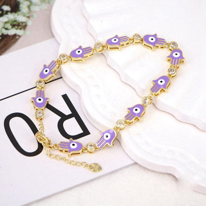Olivenorma Colorful Enameled Zircon Evil Eye Hamsa Bracelet - Purple&Evil Eye Hamsa - image 1