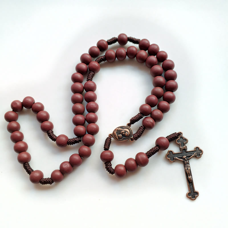 Olivenorma Red Brown 10mm Wooden Bead Cross Rosary Necklace - image 4
