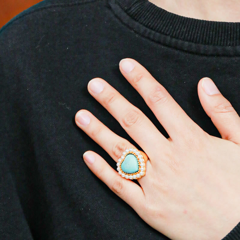 Olivenorma Turquoise Pearl Heart Shape Adjustable Ring - image 1