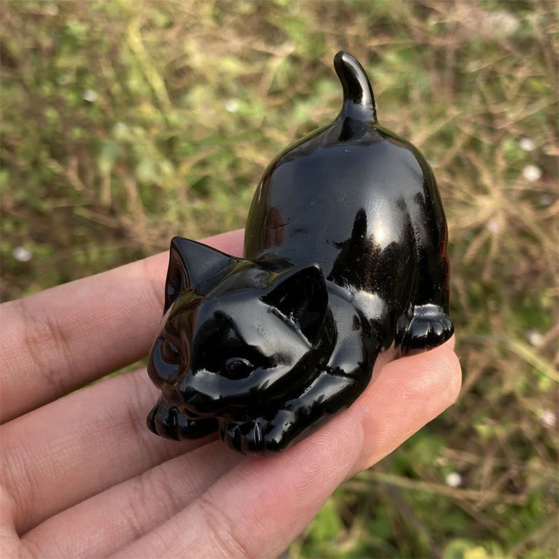 Olivenorma Natural Crystal Obsidian Cat Carving Gemstone Decoration - Obsidian - image 0
