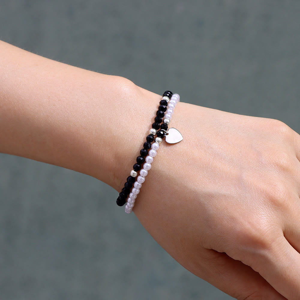 Olivenorma Faceted Stone Pearl Heart Charm Double Layer Bracelet - image 5