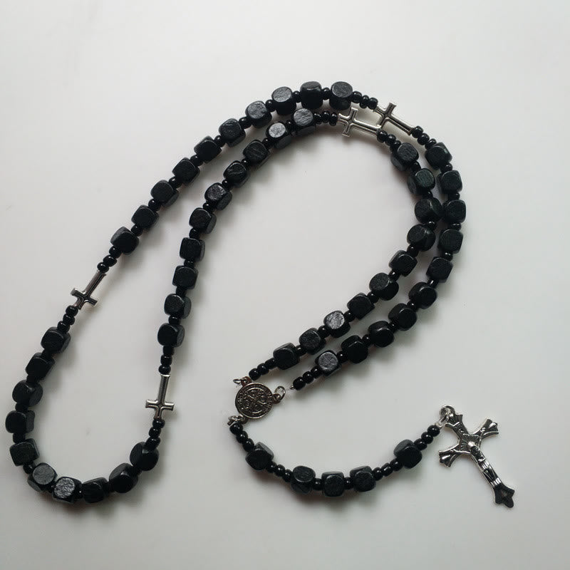 Olivenorma Black Square Wooden Cross Rosary Necklace - image 1