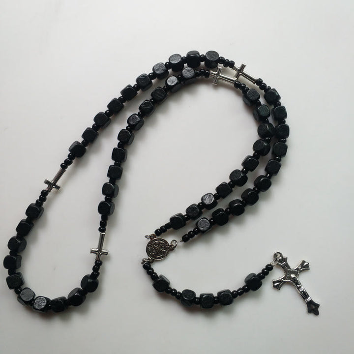 Olivenorma Black Square Wooden Cross Rosary Necklace - image 1