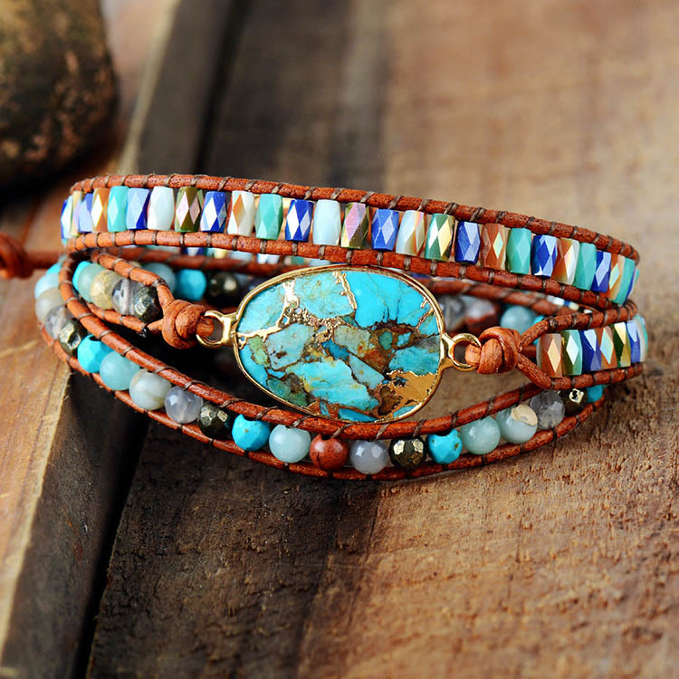 Olivenorma Oval Turquoise Bracelet Crystal Bead Woven Wrap Bracelet - Turquoise - image 0