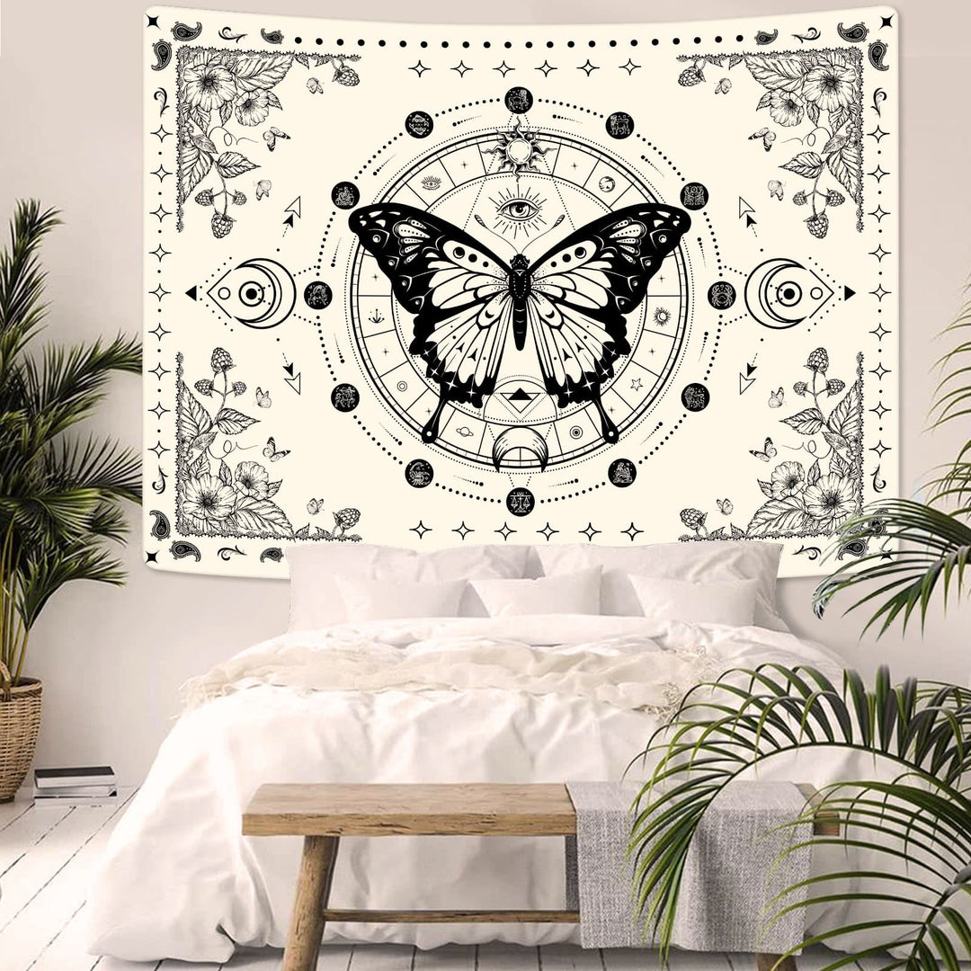Olivenorma Black Butterfly Moon Flower Beige Tapestry - image 4