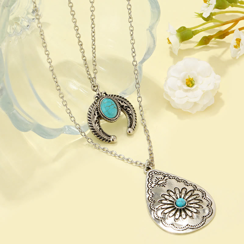 Olivenorma Turquoise Drop Carved Double Layer Pendant Necklace - image 2