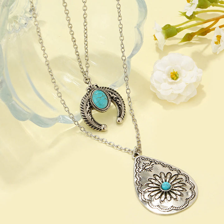 Olivenorma Turquoise Drop Carved Double Layer Pendant Necklace - image 2