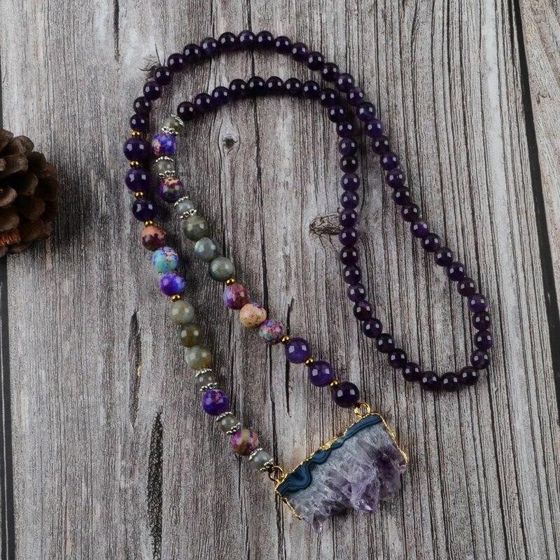 Olivenorma Rainbow Fluorite Amethyst Emperor Labradorite Mala Beaded Necklace - Necklace - image 0