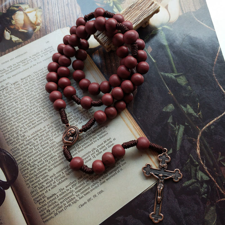 Olivenorma Red Brown 10mm Wooden Bead Cross Rosary Necklace - image 2