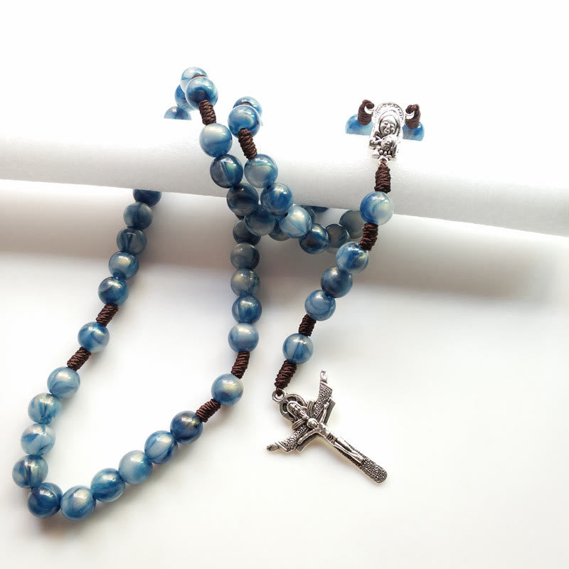 Olivenorma Blue Cat's Eye Stone Jesus Cross Rosary Necklace - image 1