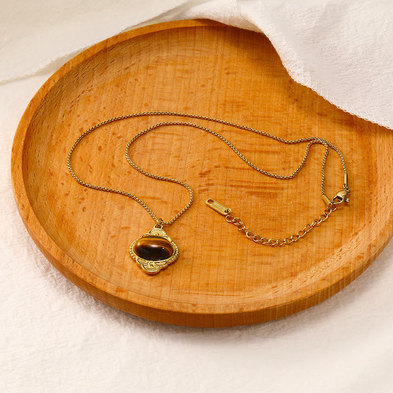 Olivenorma Natural Stone Palace Retro Lace Inlaid Pendant Necklace - Tiger Eye - image 7