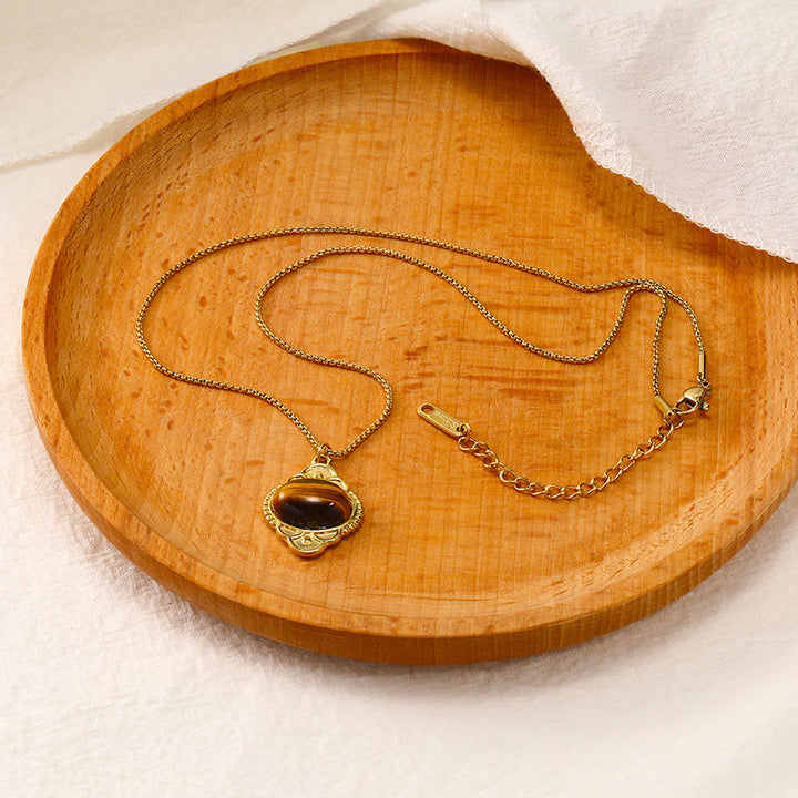 Olivenorma Natural Stone Palace Retro Lace Inlaid Pendant Necklace - Tiger Eye - image 7