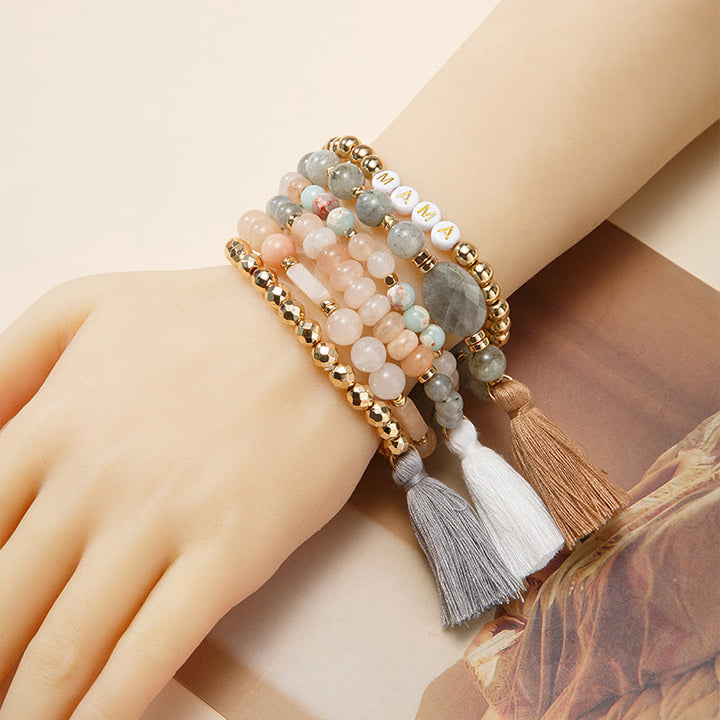 Olivenorma Set of 6 Engraved Natural Crystal Bracelets - Rose Quartz&Labradorite - image 4